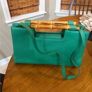 Talbots Green Leather Handbag with Bamboo Handle